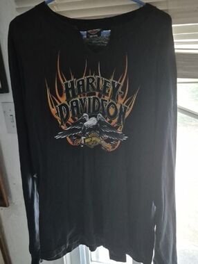 Harley-Davidson Black Long Sleeve Tee with Orange Flame & Eagle Graphic